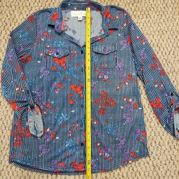 French Laundry Womens Size M Blue Floral Striped Button Front Blouse Long Sleeve - Picture 3 of 14
